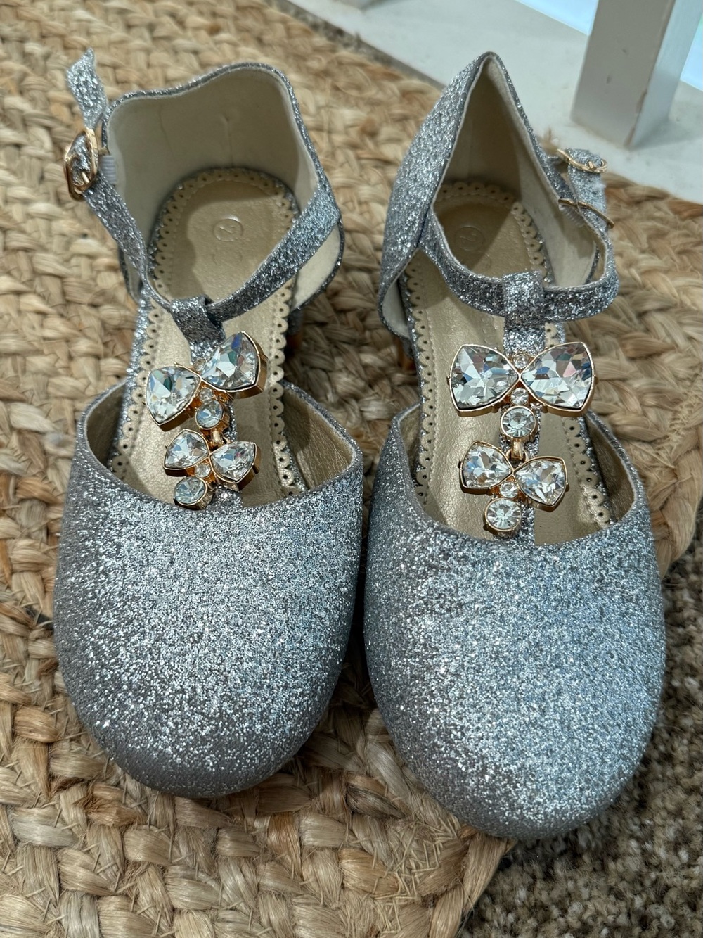 Girls Silver Glitter T-Strap Dress Shoes with Crystal Bow Accent